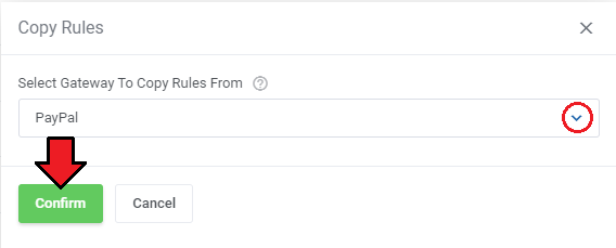 Payment Gateway Charges For WHMCS: Copy Rules dialog with PayPal as the source gateway and Confirm