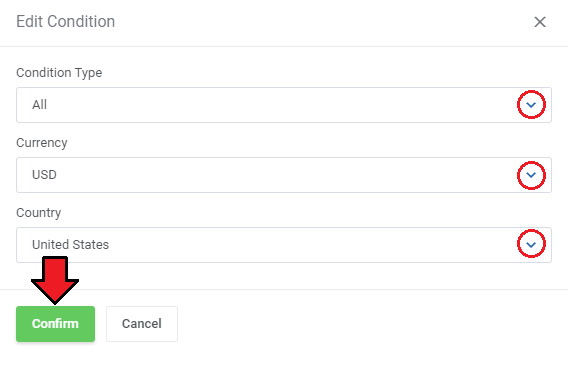 Payment Gateway Charges For WHMCS: Edit Condition dialog with condition type All, currency USD and country United States