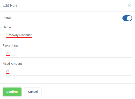 Payment Gateway Charges For WHMCS: Edit Rule dialog with a negative percentage and a negative fixed amount to set a