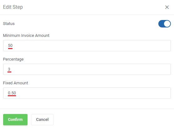 Payment Gateway Charges For WHMCS: Edit Step dialog with minimum invoice amount, percentage and fixed amount fields