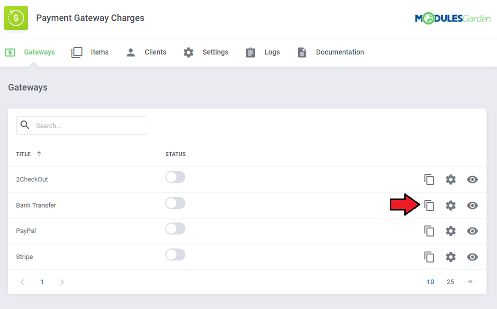 Payment Gateway Charges For WHMCS: Gateways list with an arrow on the copy icon next to the Bank Transfer gateway