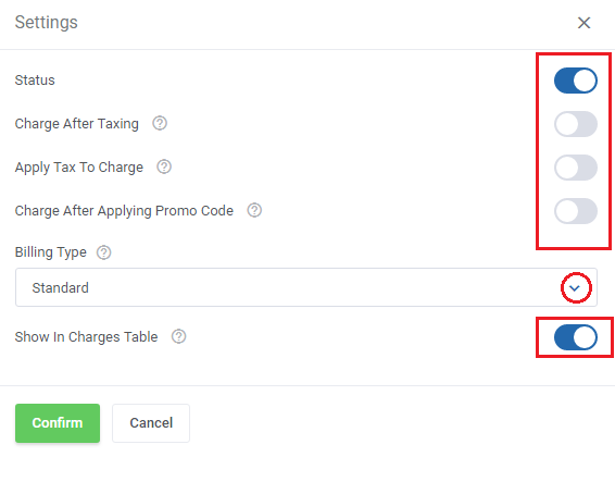 Payment Gateway Charges For WHMCS: gateway Settings dialog with status, tax, promo code and billing type options