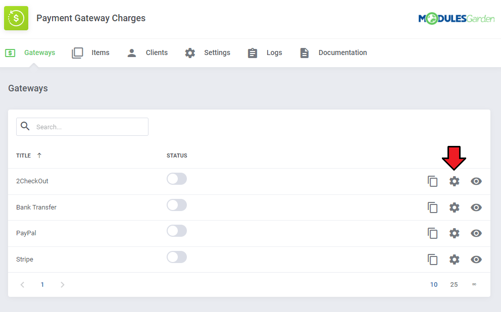 Payment Gateway Charges For WHMCS: Gateways list with an arrow on the settings gear icon next to the 2CheckOut gateway