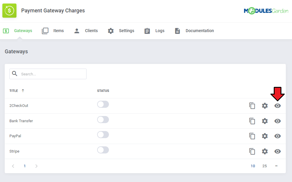 Payment Gateway Charges For WHMCS: Gateways list with an arrow on the Show Rules eye icon next to the 2CheckOut gateway