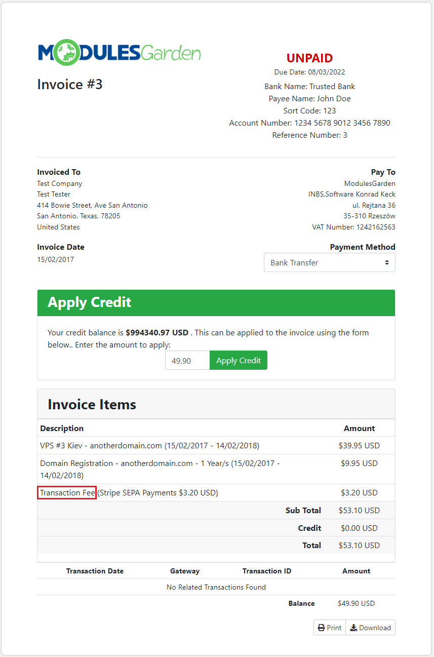 Payment Gateway Charges For WHMCS: WHMCS invoice with a Transaction Fee line item for the Stripe SEPA Payments charge