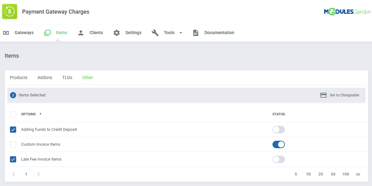 Payment Gateway Charges For WHMCS: Items page with the Other tab, two selected options and the Set to Chargeable bulk