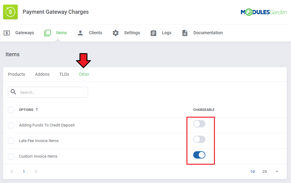 Payment Gateway Charges For WHMCS: Items Other tab with chargeable switches for deposits, late fees and custom items