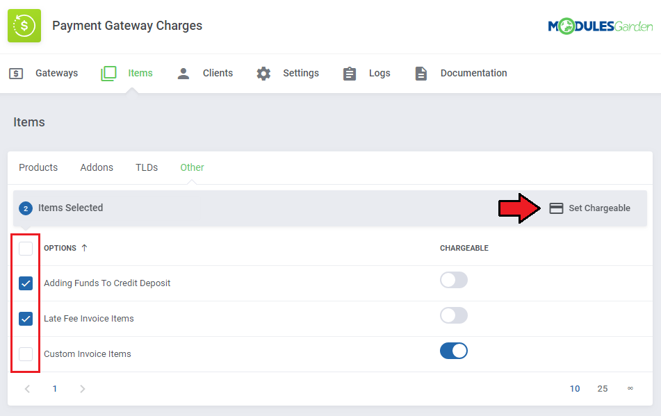 Payment Gateway Charges For WHMCS: Items page with the Other tab, two selected options and the Set Chargeable bulk