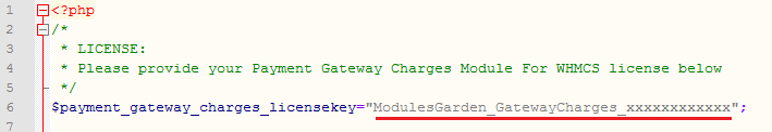 Payment Gateway Charges For WHMCS: license.php file open in an editor with the license key between the quotation marks