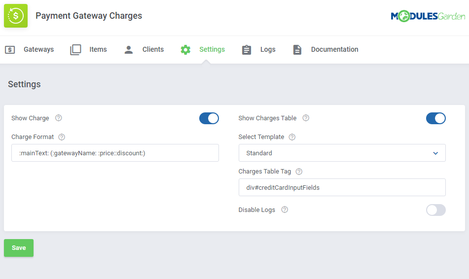 Payment Gateway Charges For WHMCS: Settings page with Charge Format, template and Charges Table Tag fields