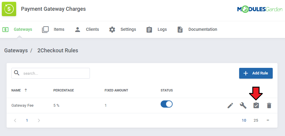 Payment Gateway Charges For WHMCS: 2Checkout Rules list with an arrow on the Show Conditions icon of the Gateway Fee