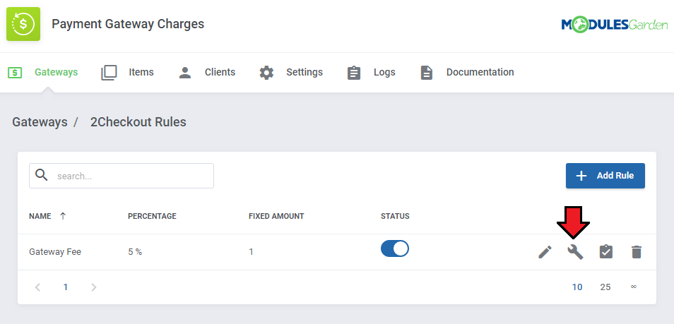 Payment Gateway Charges For WHMCS: 2Checkout Rules list with an arrow on the Show Steps icon of the Gateway Fee rule