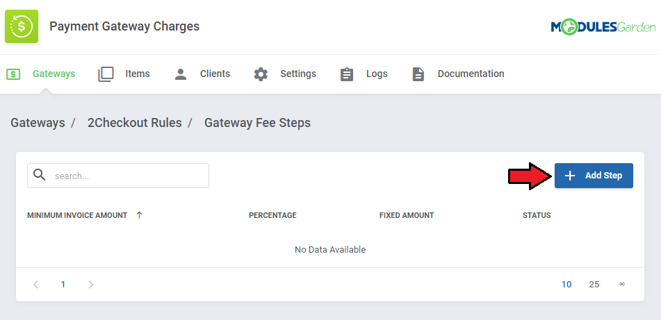 Payment Gateway Charges For WHMCS: Gateway Fee Steps page with no steps yet and an arrow on the Add Step button