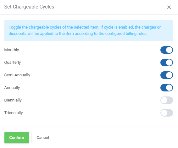 Payment Gateway Charges For WHMCS: Set Chargeable Cycles dialog with billing cycle switches for a product