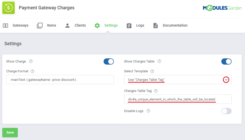 Payment Gateway Charges For WHMCS: Settings page with Use Charges Table Tag selected and a custom Charges Table Tag