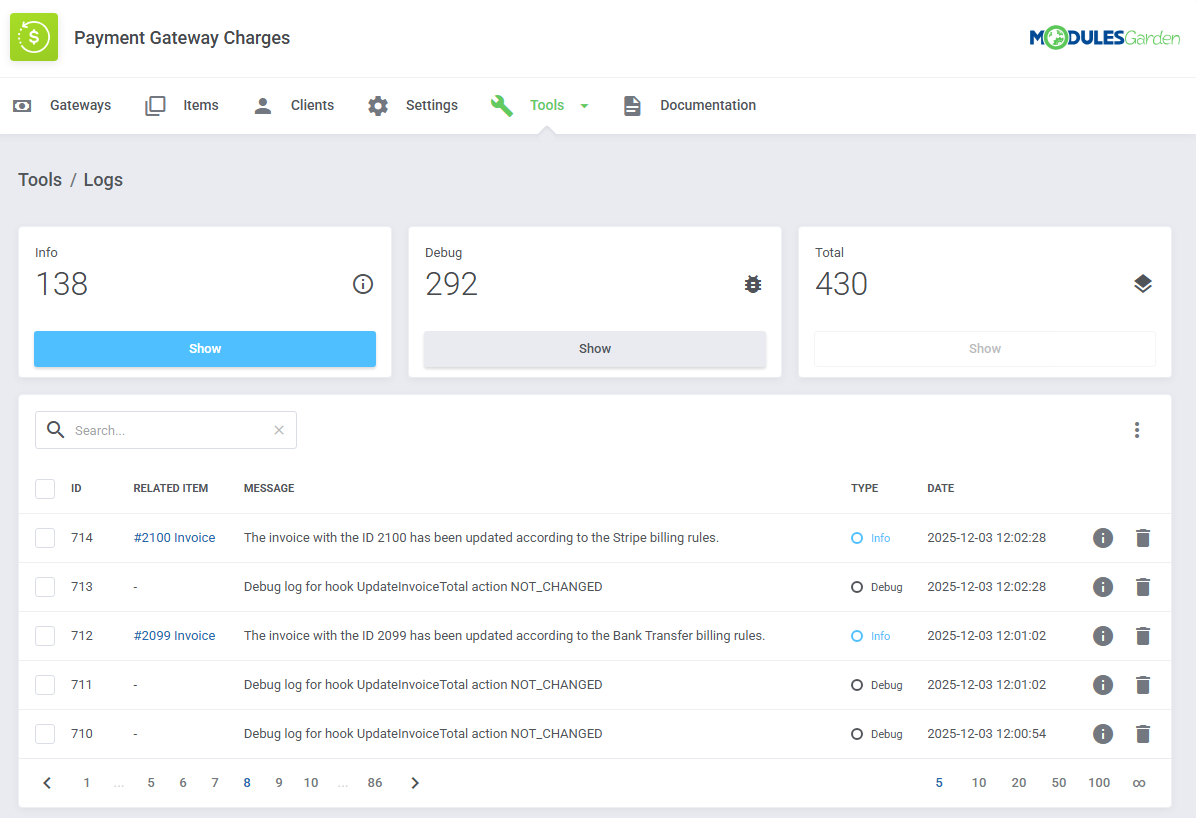 Payment Gateway Charges For WHMCS: Tools Logs page with Info, Debug and Total counters and a table of log entries