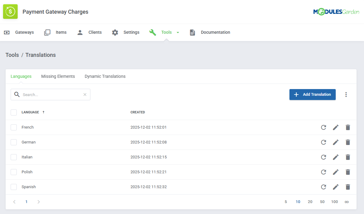 Payment Gateway Charges For WHMCS: Tools Translations page with a list of languages and the Add Translation button