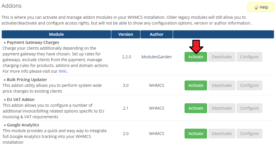 Payment Gateway Charges For WHMCS: WHMCS Addon Modules list with the Activate button for the module