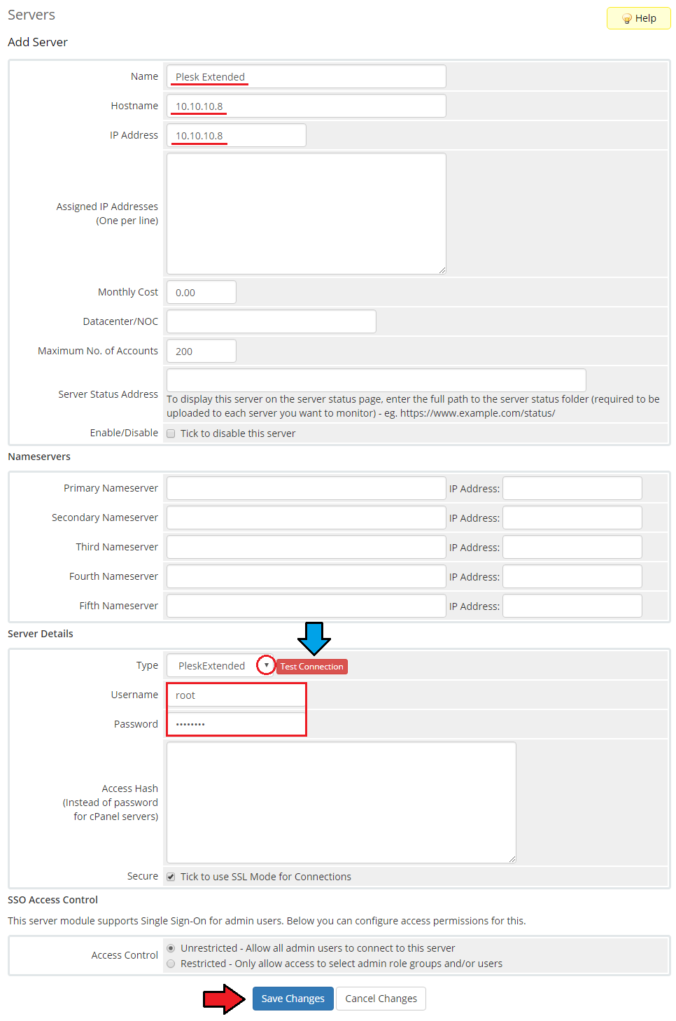 Plesk Extended For WHMCS: WHMCS Add Server form with name, hostname, IP address, PleskExtended type and credentials