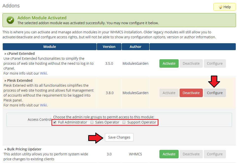Plesk Extended For WHMCS: Addon Modules after activation with admin role access control checkboxes and Save Changes