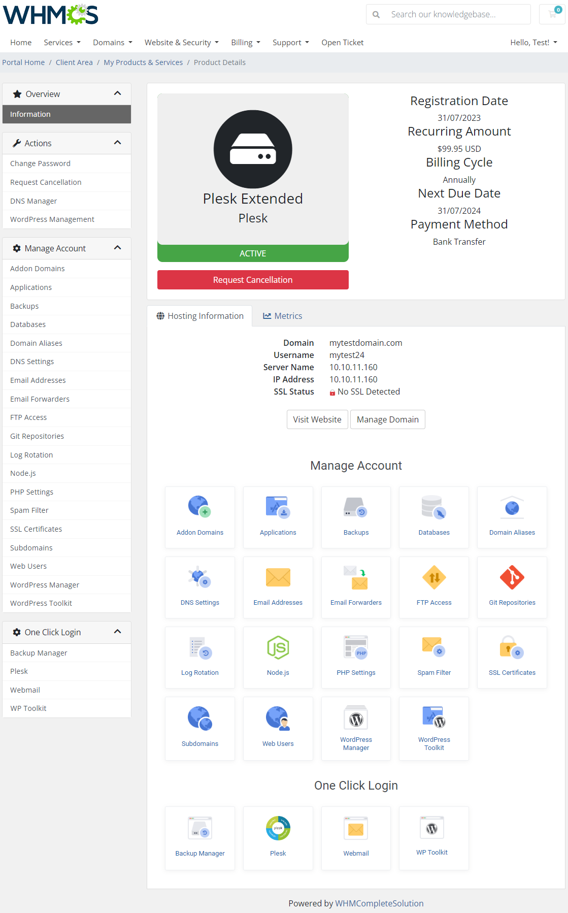 Plesk Extended For WHMCS: WHMCS admin client product page with Plesk Extended service details and module command buttons