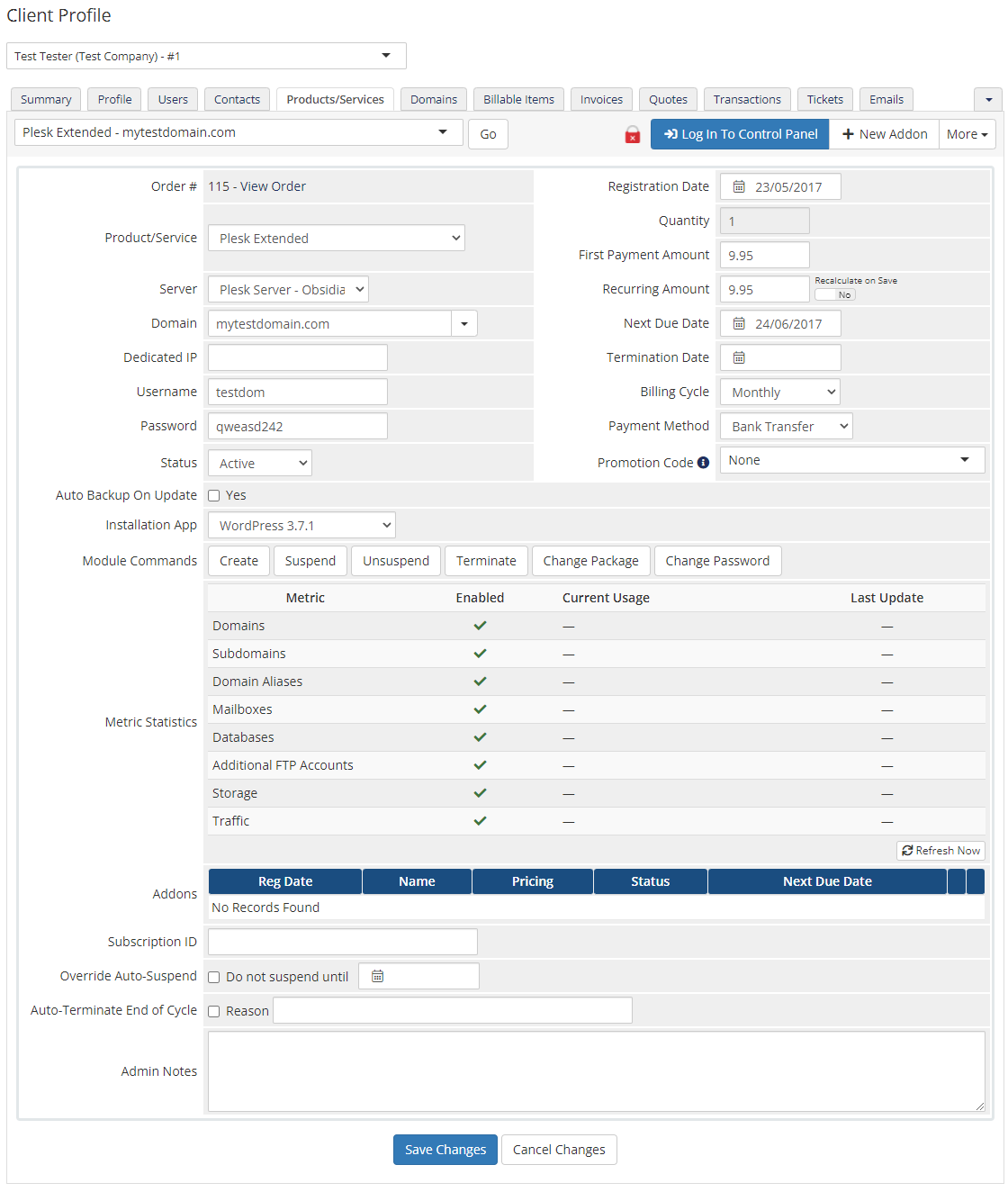 Plesk Extended For WHMCS: WHMCS admin client product page with module commands, metric statistics and Log In To Control