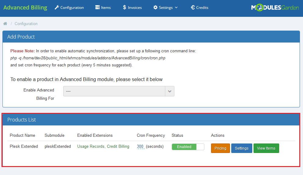 Plesk Extended For WHMCS: Advanced Billing For WHMCS configuration with Plesk Extended in the Products List