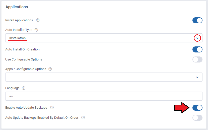 Plesk Extended For WHMCS: Backups tab of Applications with an arrow on the restore button next to a backup archive
