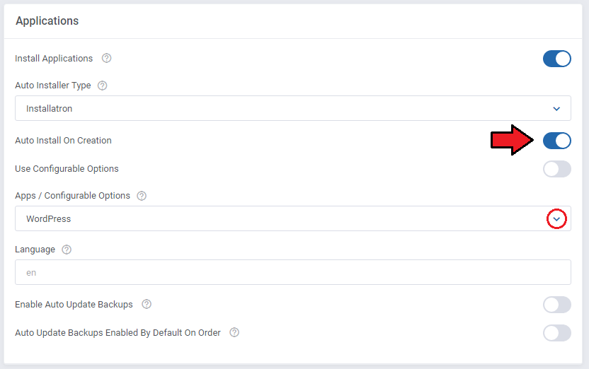 Plesk Extended For WHMCS: Applications section with Auto Install On Creation enabled and an application selected