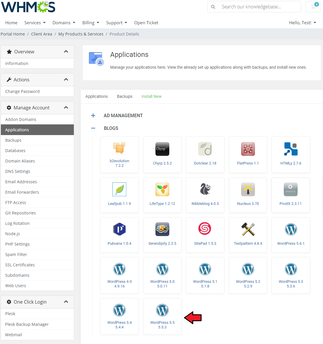 Plesk Extended For WHMCS: client area Applications page with an arrow pointing to the Install New tab