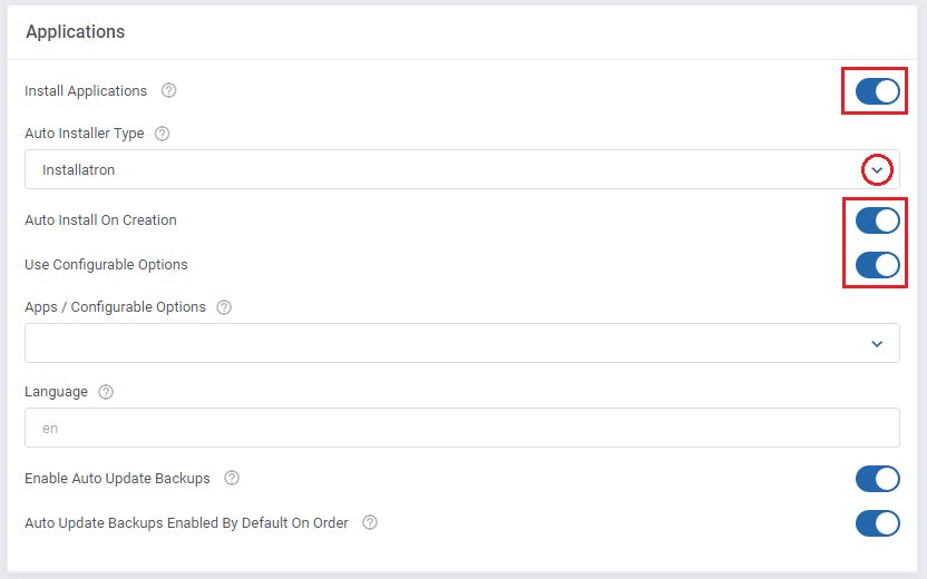 Plesk Extended For WHMCS: Applications settings with Installatron and Use Configurable Options enabled