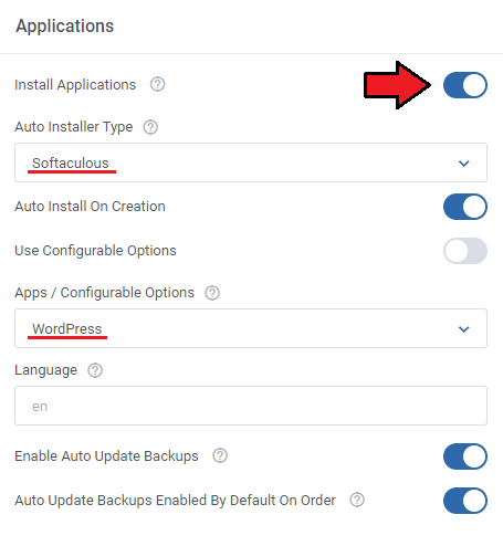 Plesk Extended For WHMCS: Applications settings with Softaculous and WordPress selected for auto installation