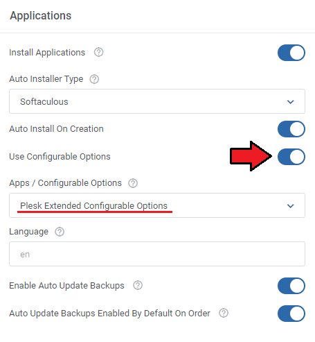 Plesk Extended For WHMCS: Applications settings with Use Configurable Options and an options group selected