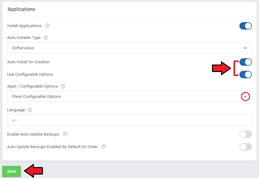 Plesk Extended For WHMCS: Applications section with Auto Install On Creation and Use Configurable Options switches and