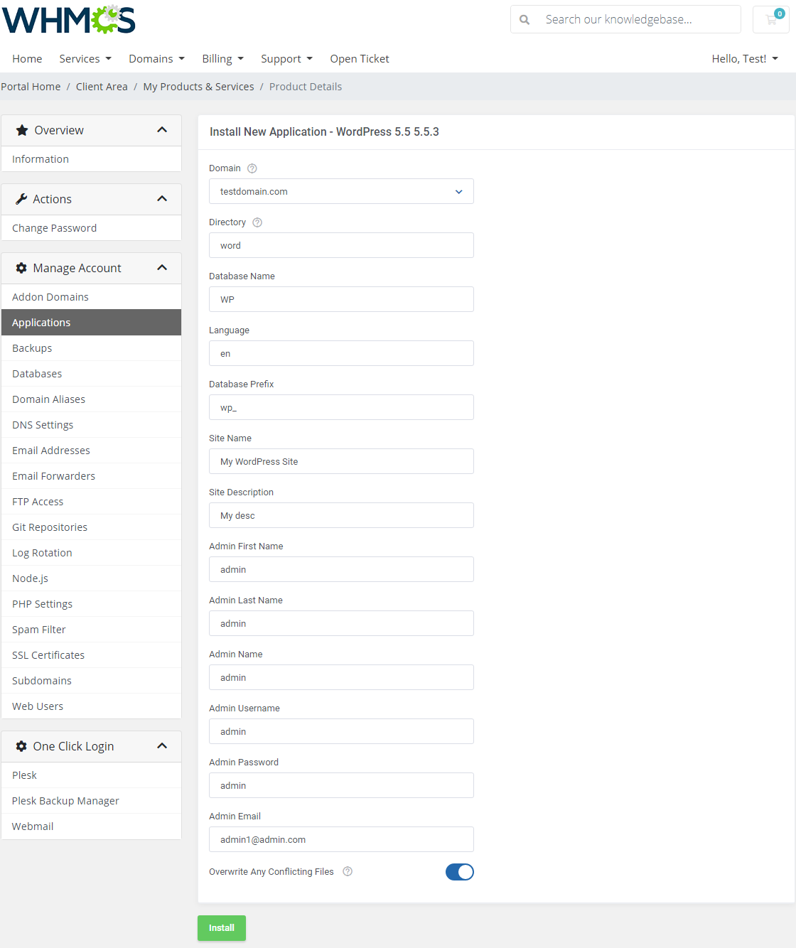 Plesk Extended For WHMCS: Install New tab with the Blogs category and an arrow pointing to a WordPress version