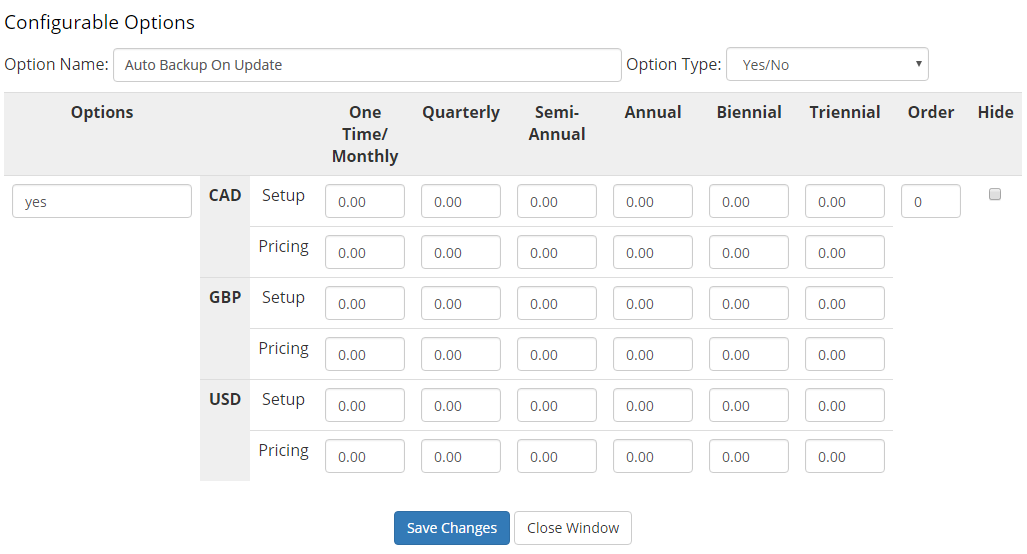 Plesk Extended For WHMCS: WHMCS Configurable Options window with the Auto Backup On Update option of type Yes/No