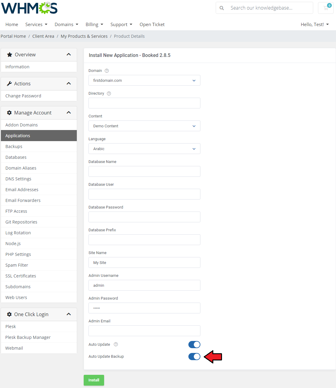 Plesk Extended For WHMCS: Applications settings in the addon with Installatron selected and Enable Auto Update Backups
