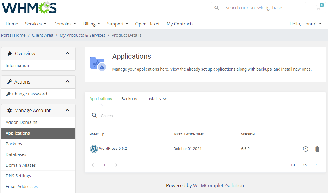 Plesk Extended For WHMCS: WHMCS client area Applications page listing an installed WordPress
