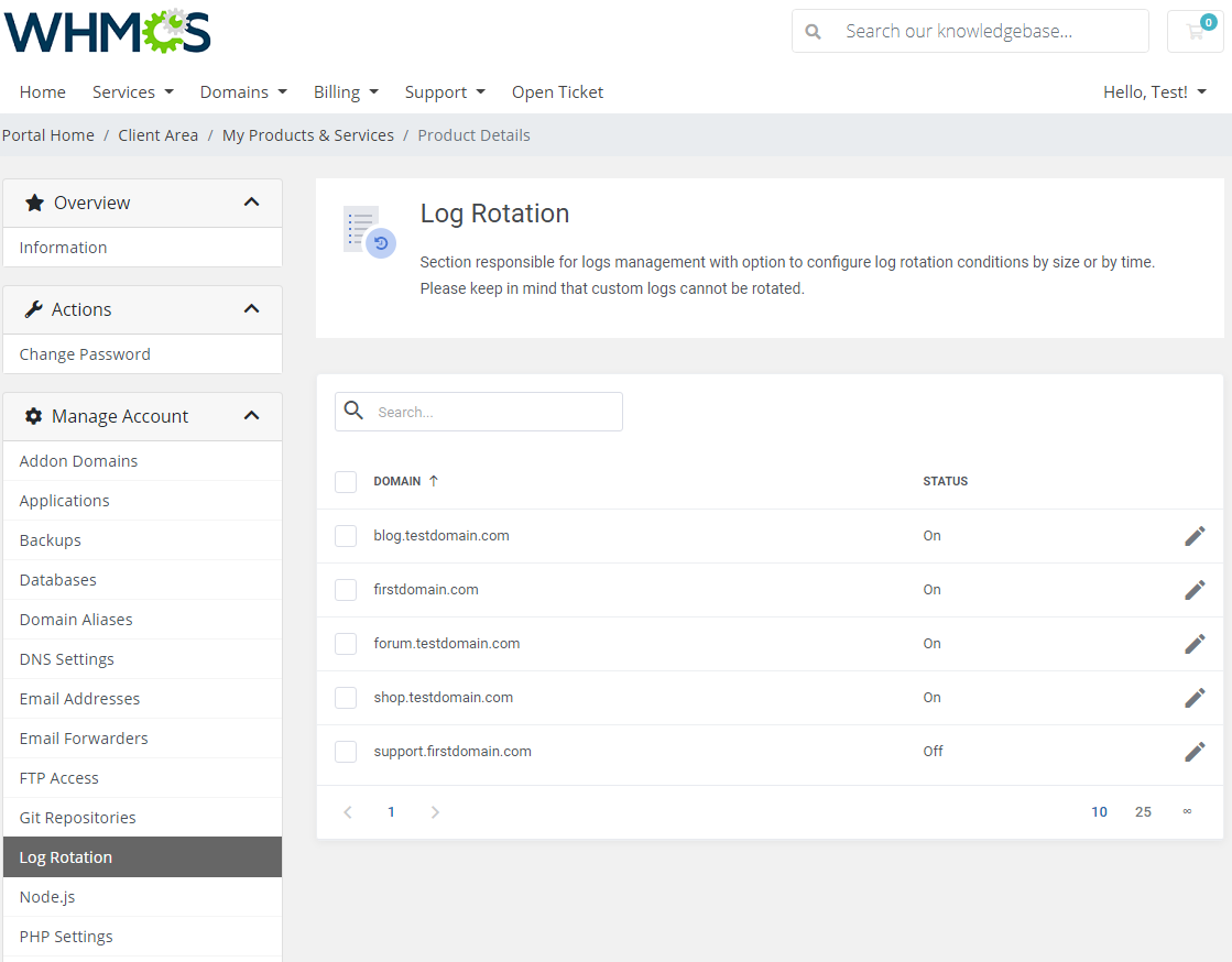 Plesk Extended For WHMCS: Log Rotation list of domains in the WHMCS client area with status and edit icons