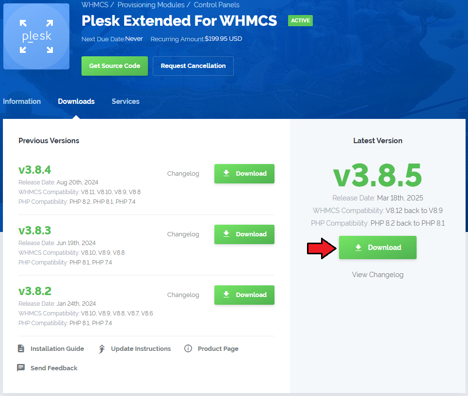 Plesk Extended For WHMCS: module download page in the client area with the Download button for version 3.8.5