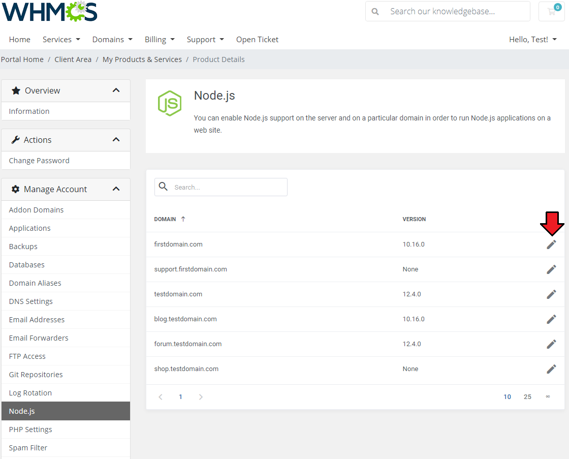 Plesk Extended For WHMCS: Node.js section in the client area listing domains with versions and an edit arrow