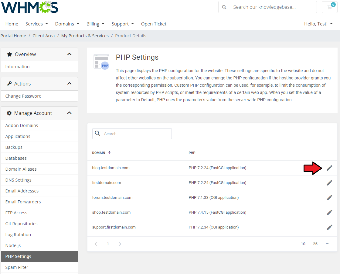 Plesk Extended For WHMCS: PHP Settings list in the client area with domains, PHP versions and an edit arrow