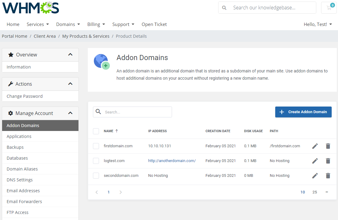 Plesk Extended For WHMCS: WHMCS client area product details page with the Manage Account menu and icon tiles