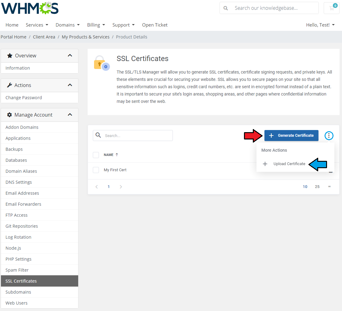 Plesk Extended For WHMCS: SSL Certificates page in the client area with Generate Certificate and Upload Certificate