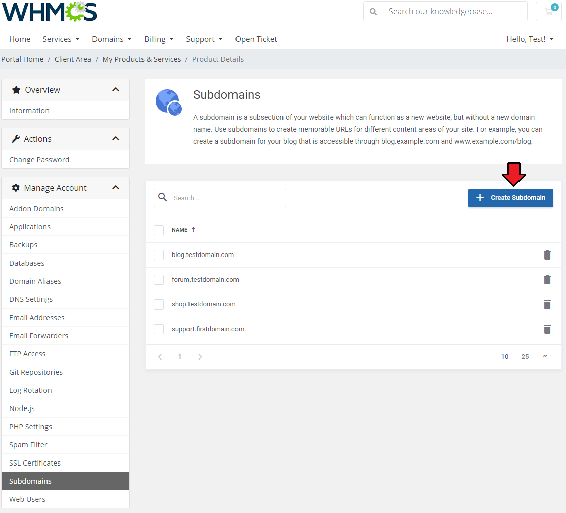 Plesk Extended For WHMCS: Subdomains page in the client area with the Create Subdomain button and a list of subdomains