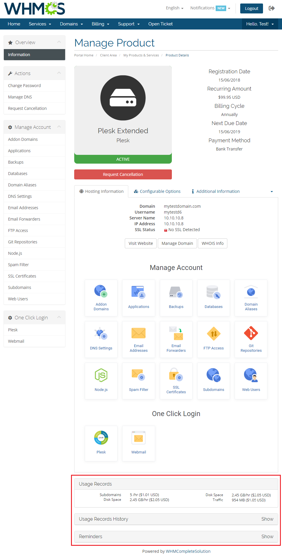 Plesk Extended For WHMCS: WHMCS client area product page with Usage Records of server resources and cost