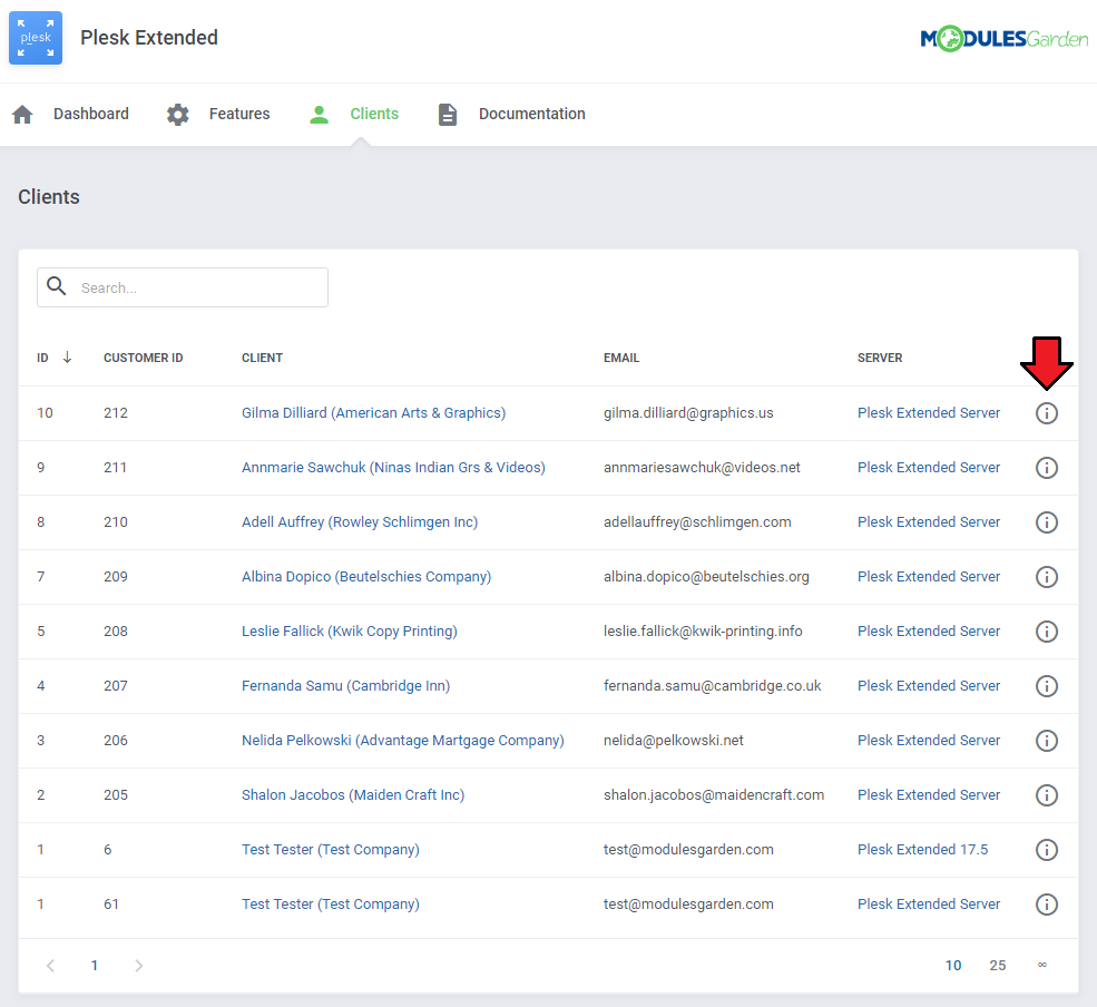 Plesk Extended For WHMCS: Clients tab listing Plesk clients with customer ID, email, server and the More Information