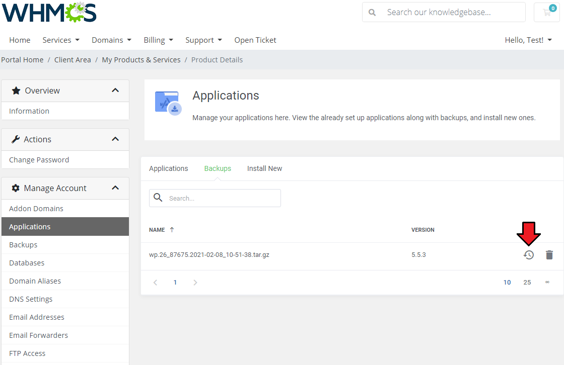 Plesk Extended For WHMCS: Create Backup confirmation dialog asking to confirm the application backup