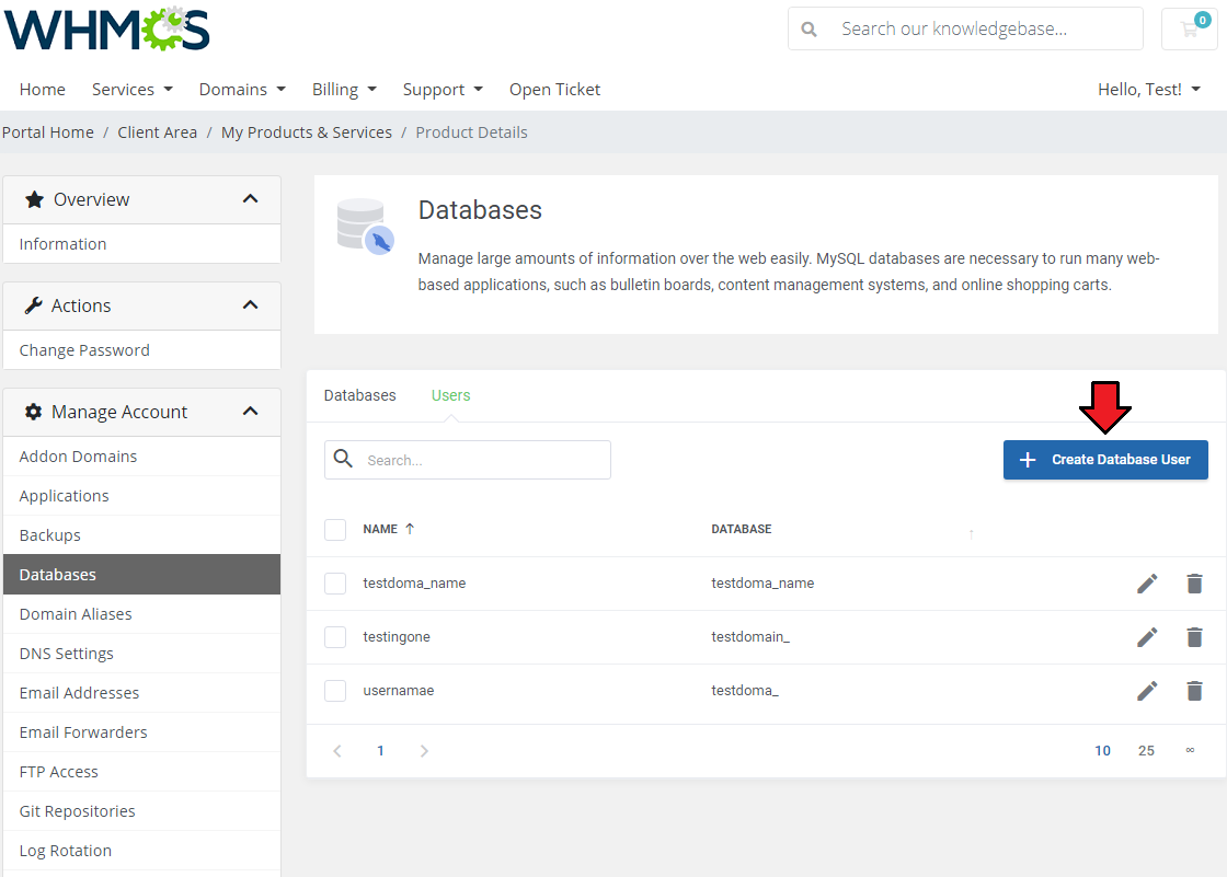 Plesk Extended For WHMCS: Create Database dialog with name, type, username, password and role fields