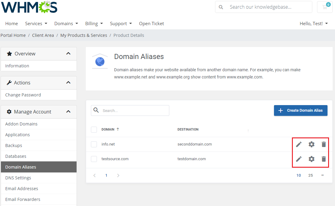 Plesk Extended For WHMCS: Create Domain Alias dialog with alias name, redirect target and service toggles